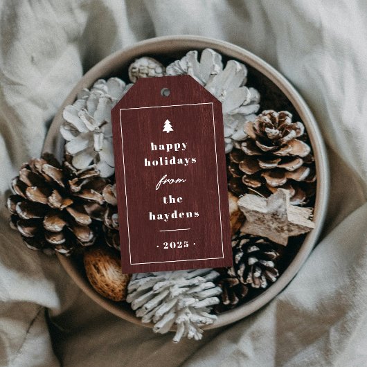 Rode Rustieke Boomstructuur Kerstcadeautag Cadeaulabel