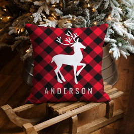 Rode rustieke buffelplaid herten Kerstmonogram Kussen