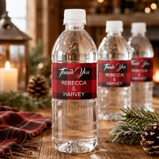 Rode rustieke buffelplaid kerst winter bruiloft waterfles etiket