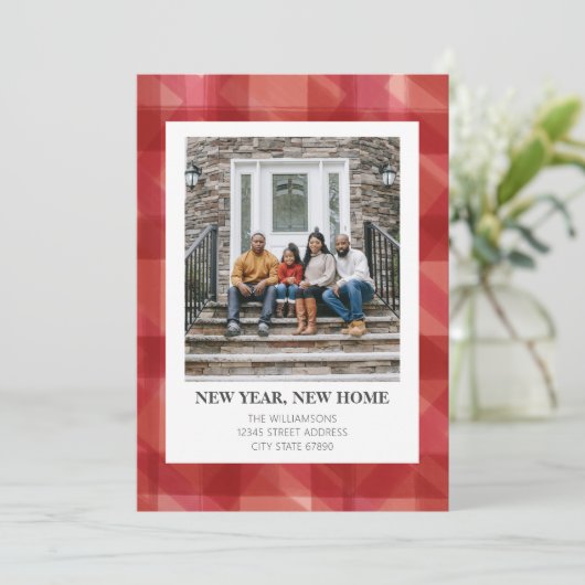 Rode rustieke geruite Kerstmis nieuwe adres verhui Feestdagenkaart (Staand voorkant)