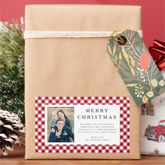 Rode Rustieke Gingham Foto Kerstmis Rechthoekige Sticker (Feestdagen)