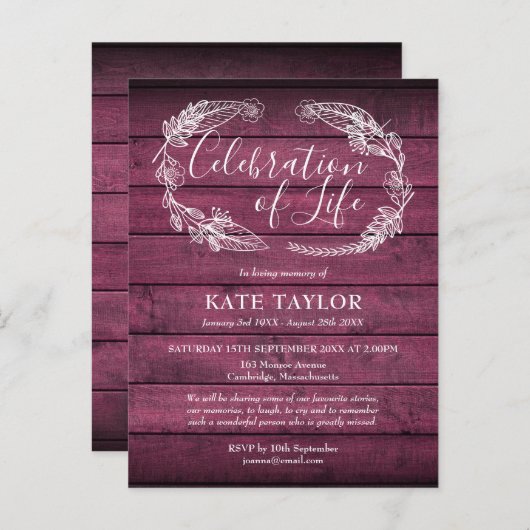 Rode Rustieke Houten Viering van het Leven Begrafe Aankondigingskaart (Voorkant / Achterkant)