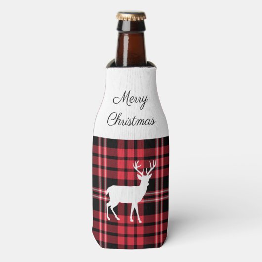 Rode Rustieke Kerst in Ruitjespatroon Flesjeskoeler (Fles Voorkant)