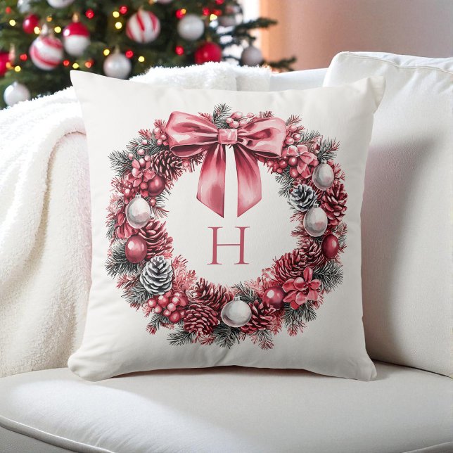 Rode Rustieke Kerst Krans Waterverf Kerstmis Kussen (Rustic Red Festive Watercolor Wreath Christmas Throw Pillow)