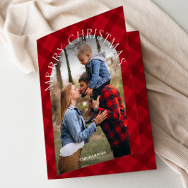 Rode Rustieke Plaid Boog Foto Kerstmis Feestdagen Kaart