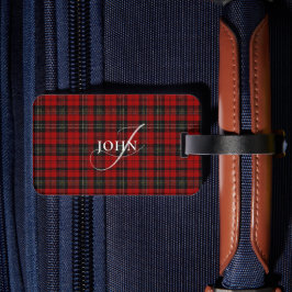 Rode Rustieke Plaid Chic Typografie Monogram Bagagelabel