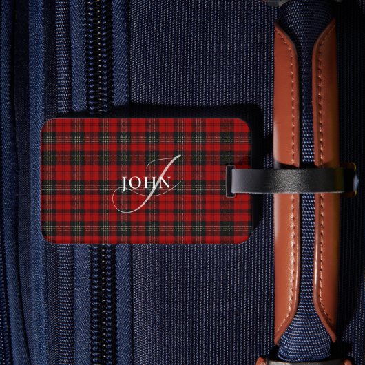Rode Rustieke Plaid Chic Typografie Monogram Bagagelabel (Achterkant Insitu 2)