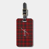Rode Rustieke Plaid Chic Typografie Monogram Bagagelabel (Voorkant verticaal)
