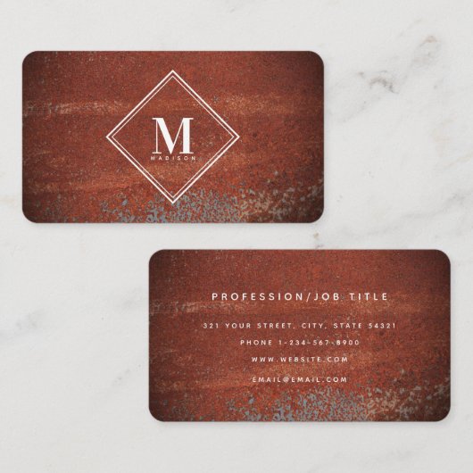 Rode Rustieke Roest Metallic Textuur Monogram Init Visitekaartje (Voorkant / Achterkant)