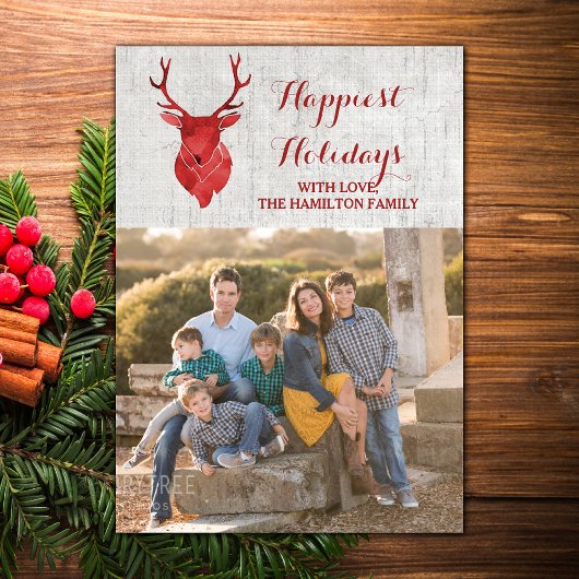Rode rustieke Waterverf Herten Vakantie Foto Flat Feestdagenkaart