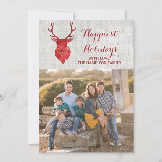 Rode rustieke Waterverf Herten Vakantie Foto Flat Feestdagenkaart (Voorkant)