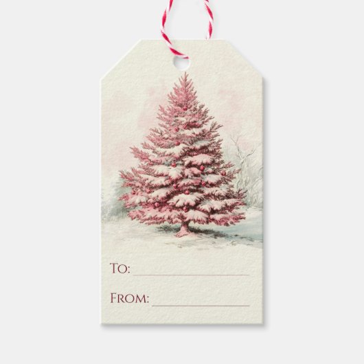 Rode rustieke waterverf winter dennenboom Kerstmis Cadeaulabel (Voorkant)