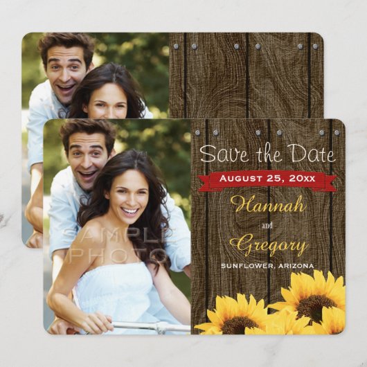 RODE RUSTIEKE ZONNEBLOEM 2 FOTO BRUILOFT UITNODIGI SAVE THE DATE (Voorkant / Achterkant)