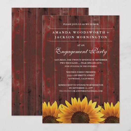 Rode rustieke zonnebloem verlovingsfeestuitnodigin kaart (Voorkant / Achterkant)