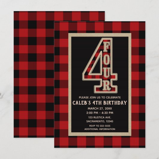 Rode Rustieke Zwarte Buffalo Plaid 4de Verjaardags Kaart (Voorkant / Achterkant)