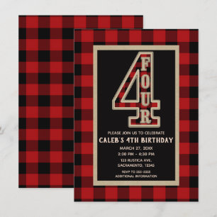 Rode Rustieke Zwarte Buffalo Plaid 4de Verjaardags Kaart