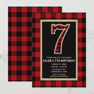 Rode Rustieke Zwarte Buffalo Plaid 7de Verjaardags Kaart