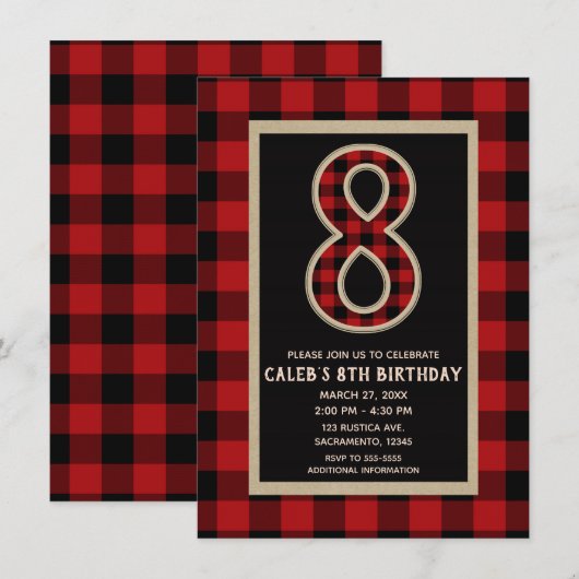 Rode Rustieke Zwarte Buffalo Plaid 8e Verjaardagsf Kaart (Voorkant / Achterkant)