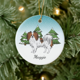 Rode Sabel Phalène Hond Blauw Groen Winterbos Keramisch Ornament
