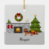 Rode Sable Gladharige Dachshund in Kerstkamer Keramisch Ornament (Achterkant)