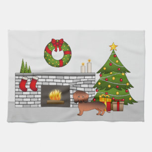 Rode Sable Gladharige Dachshund in Kerstkamer Theedoek