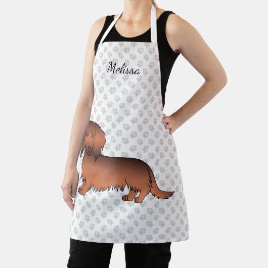 Rode Sable Langharige Dachshund Cartoonhond & Naam Schort (Insitu)