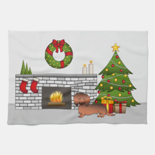 Rode Sable Langharige Dachshund Hond - Kerst Kamer Theedoek