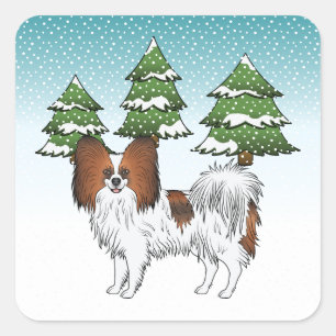 Rode Sable Papillon Cute Hond In Een Winter Bos Vierkante Sticker