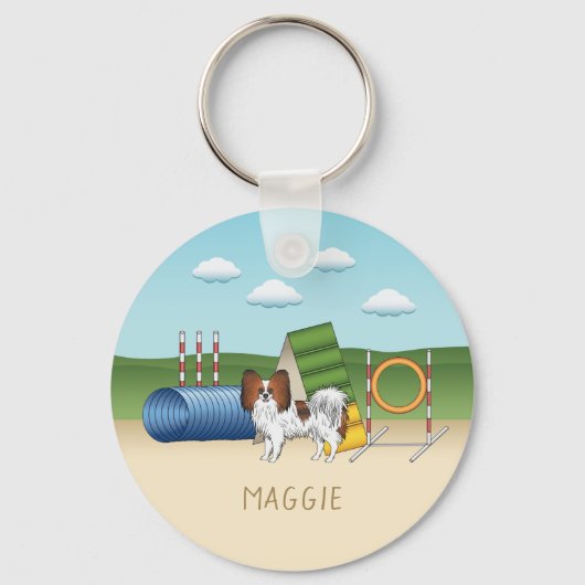 Rode Sable Papillon Hond Met Agility Apparatuur Sleutelhanger (Voorkant)