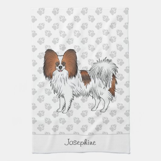 Rode Sable Papillon Hond Met Pootafdrukken En Teks Theedoek (Verticaal)