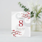 Rode Sakura Cherry Blossoms Swirls Trouwtafel Nu Briefkaart (Staand voorkant)