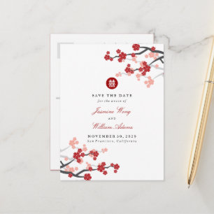 Rode Sakura Dubbel Geluk Chinezen Save The Date Aankondigingskaart