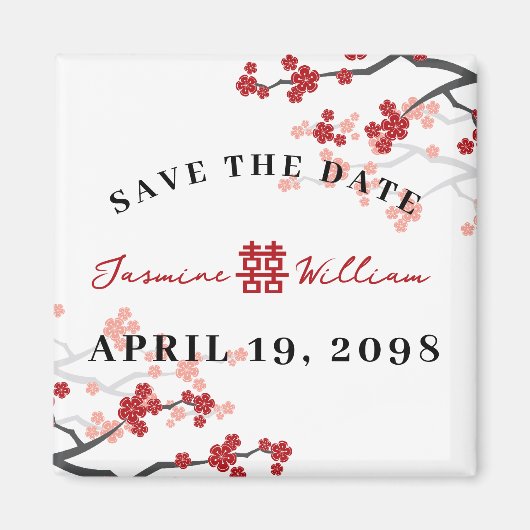 Rode Sakura Dubbel Geluk Chinezen Save The Date Magneet (Voorkant)
