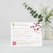Rode Sakura & Goud Dubbel Geluk Chinese Bruiloft RSVP Kaartje (Staand voorkant)