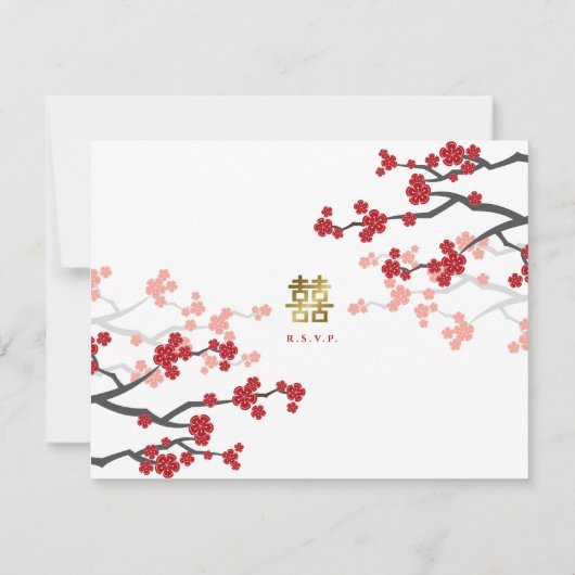 Rode Sakura & Goud Dubbel Geluk Chinese Bruiloft RSVP Kaartje (Achterkant)