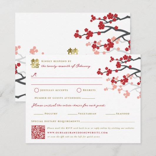 Rode Sakura & Goud Dubbel Geluk Chinese Bruiloft RSVP Kaartje (Voorkant / Achterkant)
