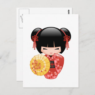 Rode Sakura Kokeshi Doll - Schattige Geisha Briefkaart