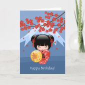 Rode Sakura Kokeshi Doll, Schattigee Geisha Verjaa Kaart (Voorkant)