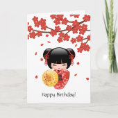Rode Sakura Kokeshi Doll, Schattigee Geisha Verjaa Kaart (Voorkant)
