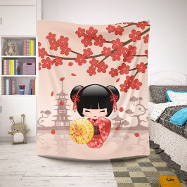 Rode Sakura Kokeshi Pop Beige Geisha Meisje Sherpa Deken
