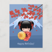 Rode Sakura Kokeshi-pop, Cute Geisha-verjaardag Briefkaart (Voorkant)