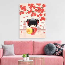 Rode Sakura Kokeshi-pop - Japanse Geisha Canvas Afdruk