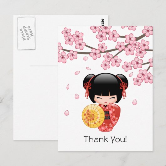 Rode Sakura Kokeshi-pop - Schattige Geisha Dank Je Briefkaart (Voorkant / Achterkant)