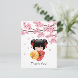 Rode Sakura Kokeshi-pop - Schattige Geisha Dank Je Briefkaart