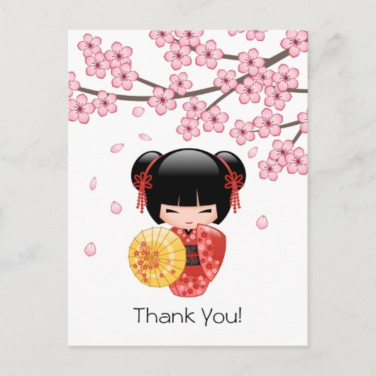Rode Sakura Kokeshi-pop - Schattige Geisha Dank Je Briefkaart (Voorkant)