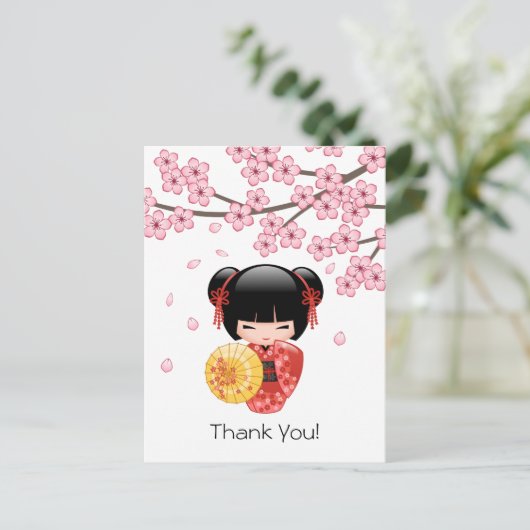 Rode Sakura Kokeshi-pop - Schattige Geisha Dank U Briefkaart (Staand voorkant)