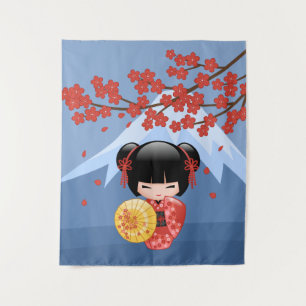 Rode Sakura Kokeshi Pop - Schattige Japanse Geisha Wandkleed