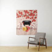 Rode Sakura Kokeshi Pop - Schattige Japanse Geisha Wandkleed (In situ)