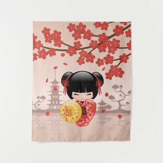 Rode Sakura Kokeshi Pop - Schattige Japanse Geisha Wandkleed (Voorkant)