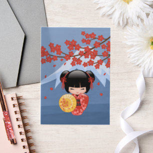 Rode Sakura Kokeshi Schattigee Geisha Meisje Blauw Vellum Uitnodigingen
